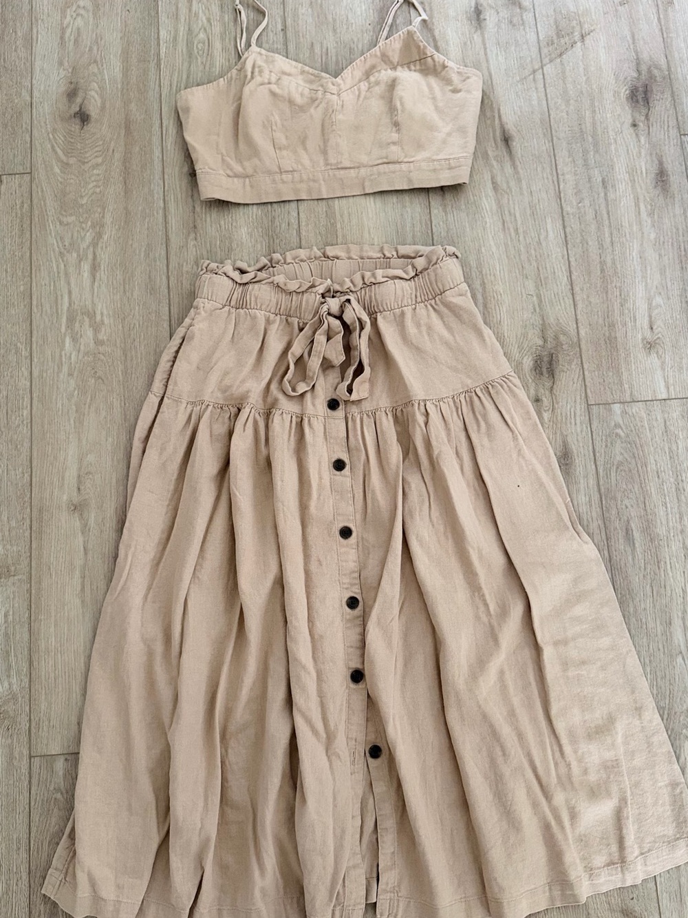 Universal Thread Beige, Linen Blend Button-Front Paperbag Midi Skirt & Crop Top - Picture 2 of 2